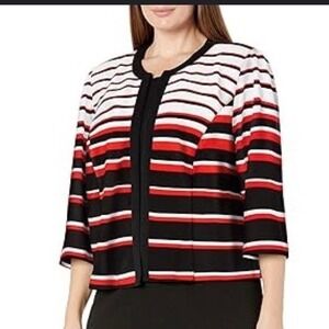 Sandra Darren 18W Striped Blazer Jacket Womens Red Black White Open Front